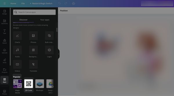going to QR code section on Canva