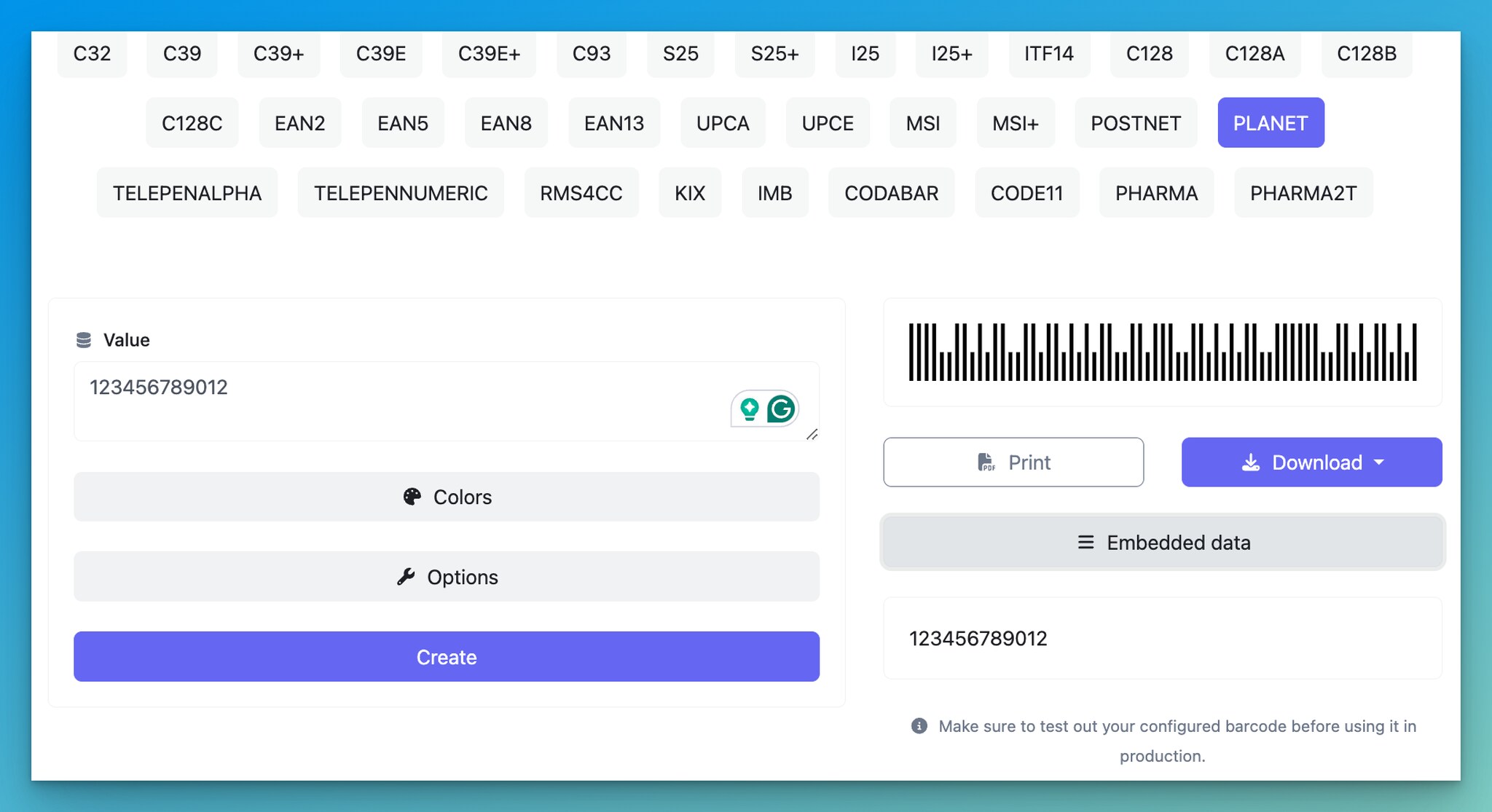 adding value to planet barcode on qrcodedynamic