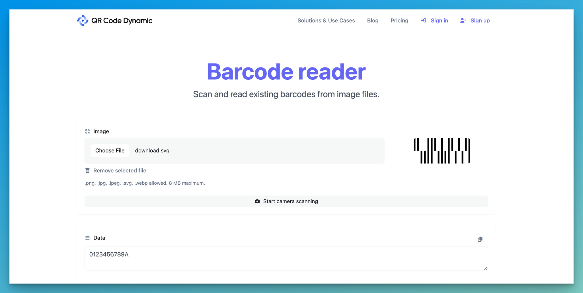 barcode reader page of qrcodedynamic on desktop