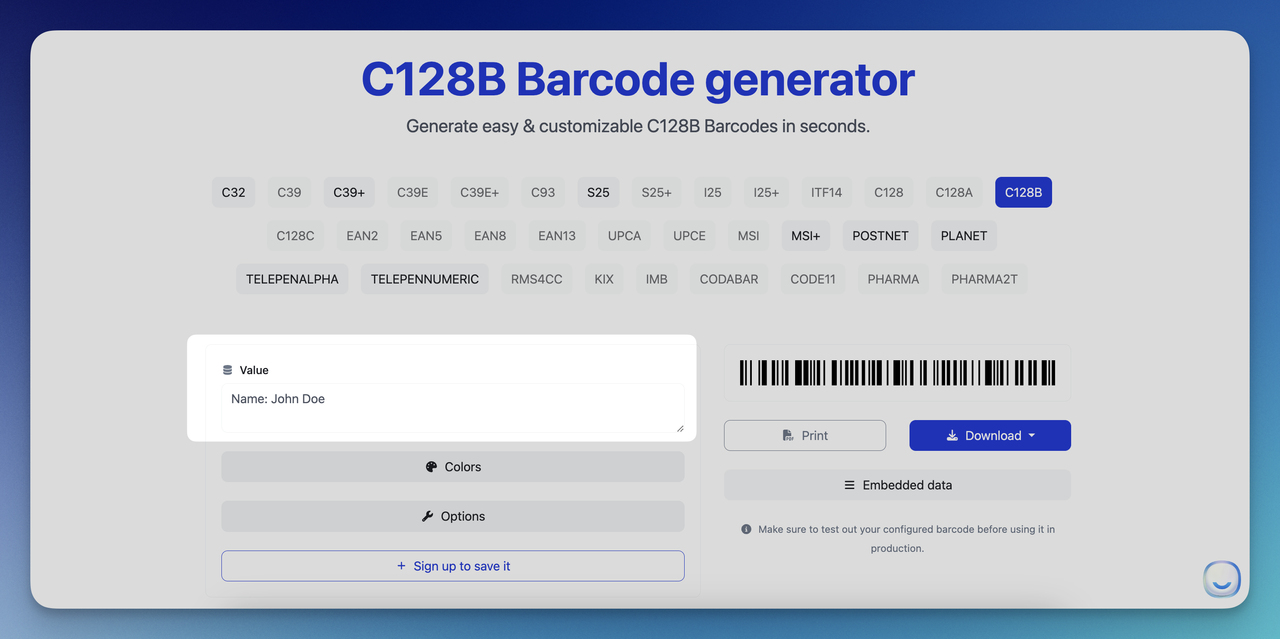 c128b input the data of the barcode step